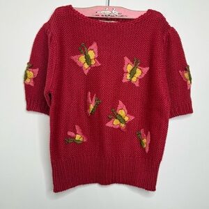 Vintage 80s e.v. ltd. Butterfly Sweater Size Medium Red Cottagecore Korea